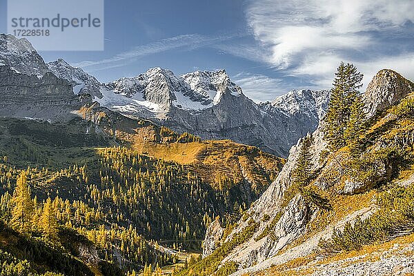 Herbst  gelbe Lärchen vor Bergen  Gipfel der Spitzkarspitze  Eng  Gemeinde Hinterriß  Karwendelgebirge  Alpenpark Karwendel  Tirol  Österreich  Europa