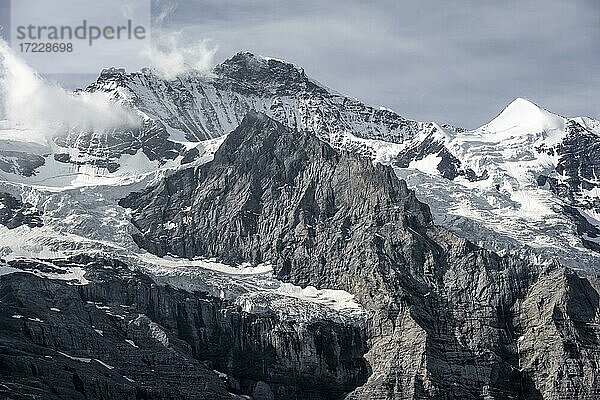 Schneebedeckte Berggipfel Jungfrau und Silberhorn mit Gletscher Jungfraufirn  Berner Alpen  Berner Oberland  Schweiz  Europa