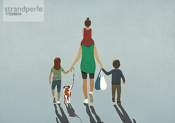 Familie mit Hund hält Hände und geht mit Einkaufstüten