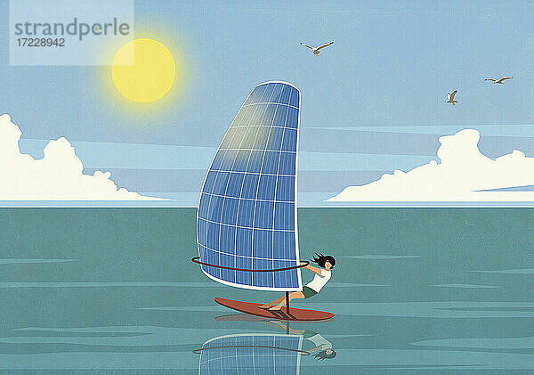 Frau Windsurfen mit Solarpanel Segel auf sonnigen Ozean
