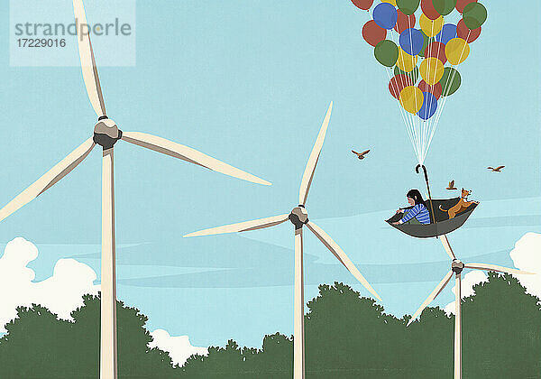 Mädchen und Hund schweben im Ballonschirm über Windkraftanlagen
