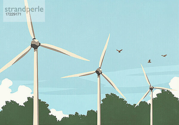 Vögel fliegen über Windkraftanlagen