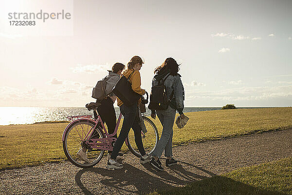 Weiblicher Teenager Freunde mit Fahrrad zu Fuß am Seeufer während des Sonnenuntergangs