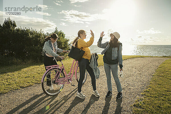 Weibliche Freunde tun High-five während Teenager-Mädchen mit Fahrrad am Seeufer auf sonnigen Tag