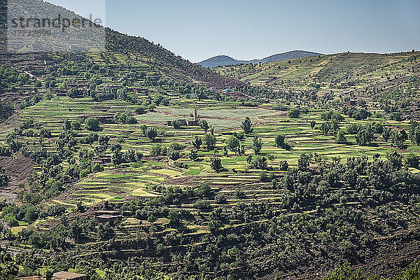 Landschaft von Bauernhöfen in der Region Atlasgebirge  Marokko  Nordafrika  Afrika