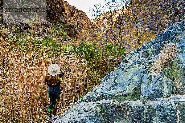 Frau wandert durch den Wasserfall und Artist Palette Drive  Death Valley  Kalifornien  Vereinigte Staaten von Amerika  Nordamerika