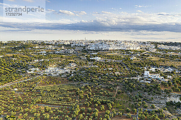 Luftaufnahme der Altstadt von Ostuni  umgeben von Olivenhainen  Provinz Brindisi  Salento  Apulien  Italien  Europa