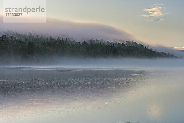 Nebel über See und Wald bei Sonnenaufgang im Herbst  Toras-Sieppi-See  Muonio  Lappland  Finnland  Europa
