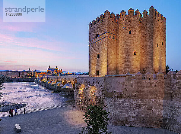 Torre de la Calahorra (Calahorra-Turm) auf der Römerbrücke in der Abenddämmerung  UNESCO-Weltkulturerbe  Cordoba  Andalusien  Spanien  Europa