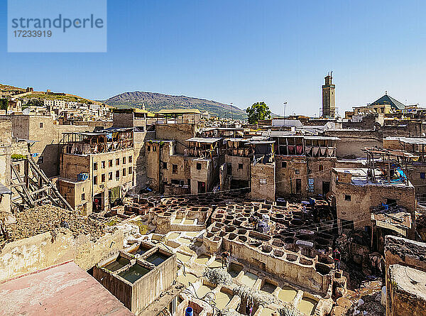 Merveilles de Cuir Gerberei in der alten Medina  Blick von oben  Fes  Region Fes-Meknes  Marokko  Nordafrika  Afrika