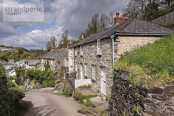Hübsche Cottages im Frühling im kornischen Dorf Bodinnick bei Fowey  Cornwall  England  Vereinigtes Königreich  Europa