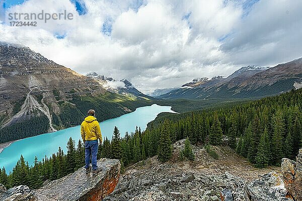 Wanderer blickt in die Ferne  Ausblick auf türkisfarbenen Gletschersee umgeben von Wald  Peyto Lake  Rocky Mountains  Banff-Nationalpark  Provinz Alberta  Kanada  Nordamerika
