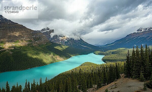 Wolken verhangene Berggipfel  türkisfarbener Gletschersee umgeben von Wald  Peyto Lake  Rocky Mountains  Banff-Nationalpark  Provinz Alberta  Kanada  Nordamerika