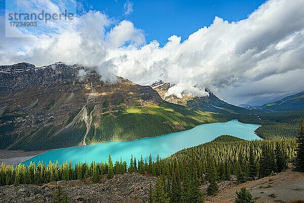 Wolken verhangene Berggipfel  türkisfarbener Gletschersee umgeben von Wald  Peyto Lake  Rocky Mountains  Banff-Nationalpark  Provinz Alberta  Kanada  Nordamerika