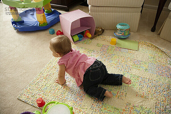 Baby-Mädchen  krabbelnd in Richtung Spielzeug  Rückansicht  Draufsicht
