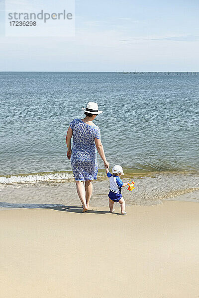 Mutter und junger Sohn  Hände haltend  am Strand spazierend  Rückansicht
