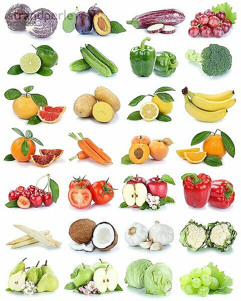 Obst und Gemüse Früchte Apfel Orange Salat Farben frische Collage Freisteller freigestellt isoliert vor einem weißen Hintergrund