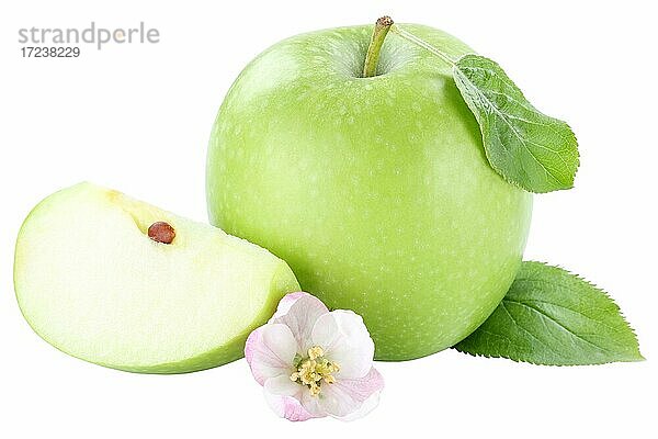 Apfel grün grüner Blüte Frucht geschnitten Freisteller freigestellt isoliert vor einem weißen Hintergrund