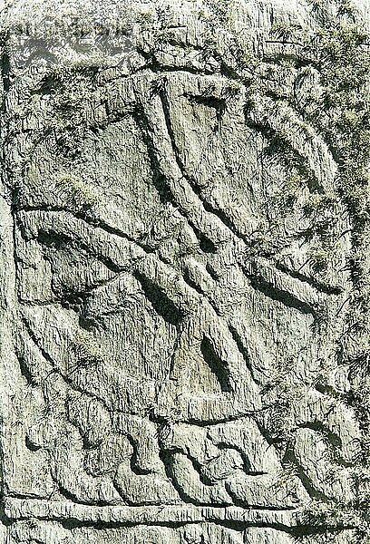 Piktischer Symbolstein  Kreuz in Flechtband-Ornamentik  Bressay-Stein  Bressay-Stone  Replik auf dem Friedhof der aufgegebenen Marienkirche von Cullingsburgh  Bressay  Shetland Inseln  Schottland  Großbritannien  Europa