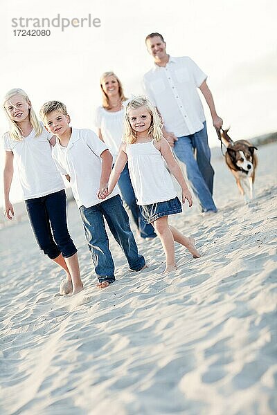 Adorable kleines Mädchen führt ihre Familie auf einen Spaziergang am Strand