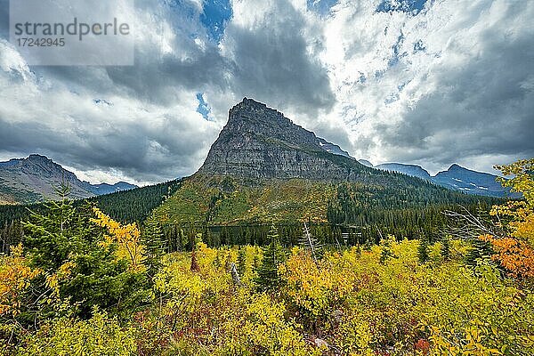 Blick auf Berg Sinopah Mountain mit Büschen in Herbstfarben  Wanderung zum Upper Two Medicine Lake  Glacier Nationalpark  Montana  USA  Nordamerika