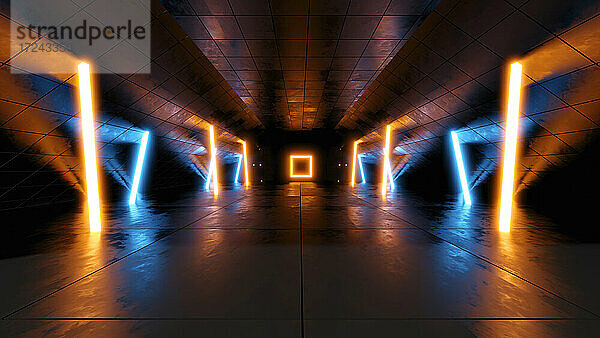 Dreidimensionales Rendering eines dunklen futuristischen Korridors  der von blauen und orangefarbenen Neonröhren beleuchtet wird