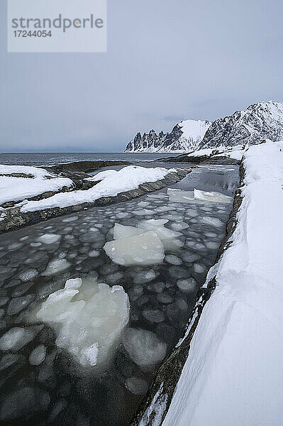 Norwegen  Tromso  Ersfjord  Eisbrocken im Wasser entlang der Meeresküste der Insel Senja