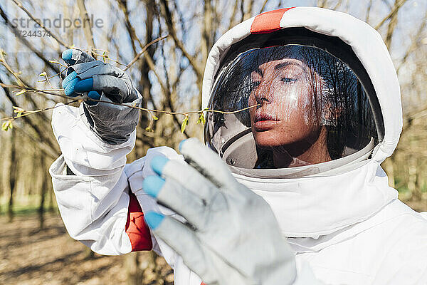 Junge Astronautin prüft trockenen Ast an einem sonnigen Tag