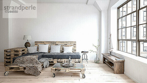 Dreidimensionales Rendering eines Wohnzimmers mit Möbeln aus Holzpaletten