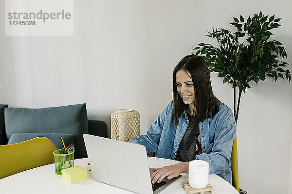 Lächelnde Geschäftsfrau bei der Arbeit am Laptop im Büro zu Hause