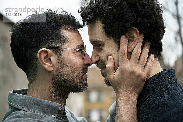 Homosexuelles Paar steht von Angesicht zu Angesicht beim Liebesspiel im Freien