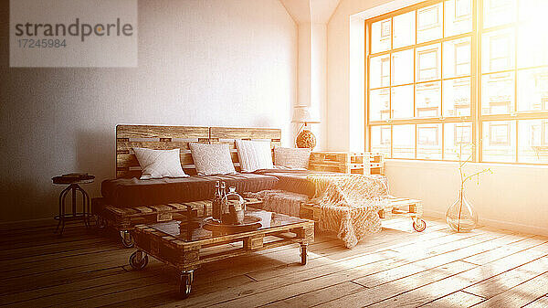 Dreidimensionales Rendering der untergehenden Sonne  die ein Wohnzimmer mit Möbeln aus Holzpaletten beleuchtet