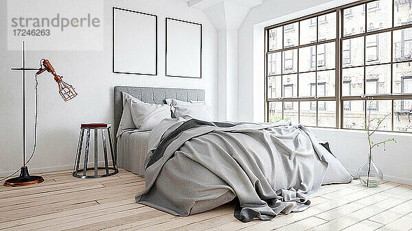 Dreidimensionales Rendering eines Schlafzimmers mit grauem Bettzeug und leeren Bilderrahmen