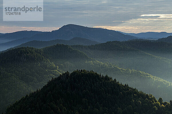 Blick vom Hochblauen auf die umliegenden Berge bei nebliger Morgendämmerung