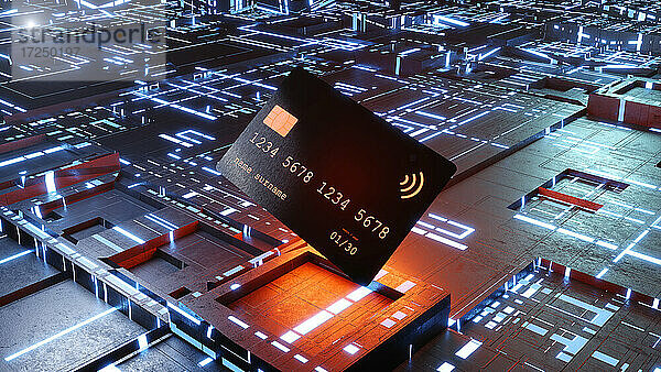 Dreidimensionales Rendering einer Kreditkarte gegen eine leuchtende Leiterplatte