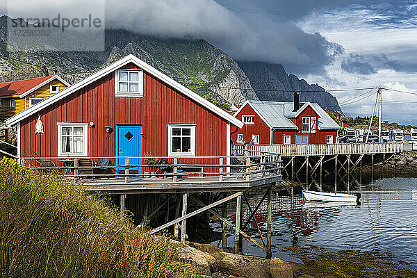Rote Häuser am Hafen von Henningsvaer auf den Lofoten  Norwegen