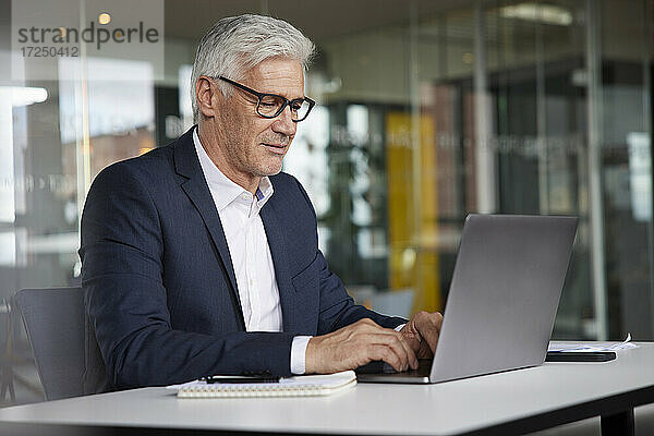Älterer Unternehmer arbeitet an einem Laptop im Büro