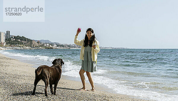 Frau hält Handy in der Hand und spielt mit Labrador-Hund am Strand