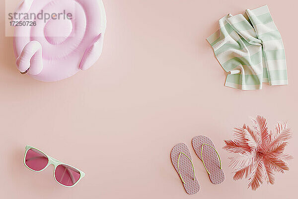 Dreidimensionale Rendering von Schwimmen Schwimmer  Sonnenbrille  Flip-Flops  Palme und Handtuch flach gegen rosa Hintergrund gelegt