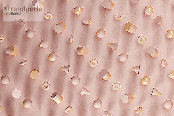 Dreidimensionales Muster aus Kugeln  Kegeln  Ringen und Zylindern  die vor einem rosa Hintergrund schweben