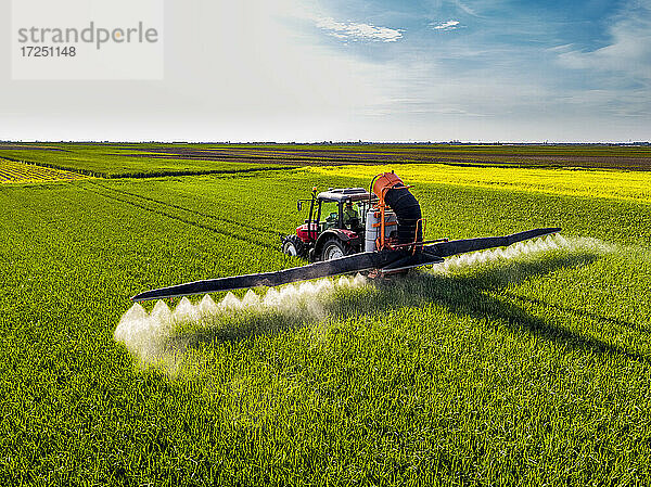 Traktor beim Sprühen von Pestiziden auf einem Weizenfeld an einem sonnigen Tag
