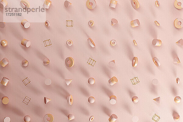 Dreidimensionales Muster aus Kugeln  Kegeln  Ringen  Würfeln und Zylindern  die vor einem rosa Hintergrund schweben