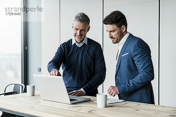 Lächelnder reifer Unternehmer mit Laptop in einer Besprechung mit einem männlichen Kollegen im Büro