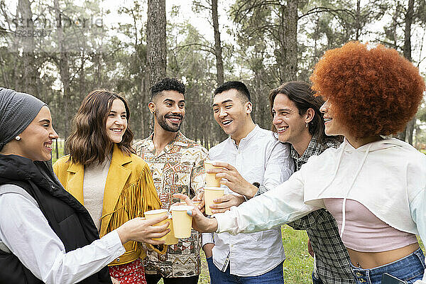 Fröhliche männliche und weibliche Freunde stoßen beim Feiern im Wald mit Gläsern an