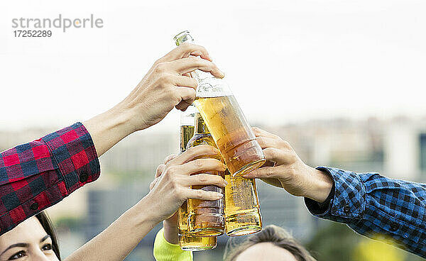 Fröhliche Freunde stoßen mit Bierflaschen an