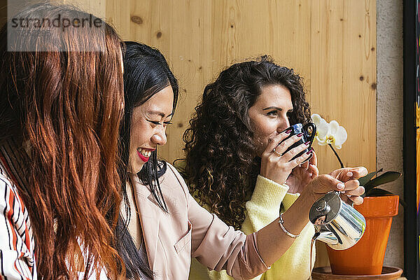 Lächelnde Frau gießt Kaffee ein  während sie mit Freunden im Café sitzt