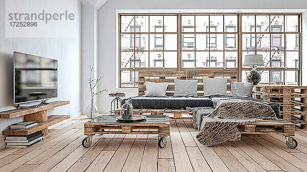Dreidimensionales Rendering eines Wohnzimmers mit Möbeln aus Holzpaletten