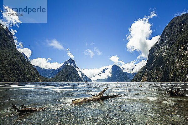 Neuseeland  Südinsel  Milford Sound  Unberührte Gewässer des Fjords inmitten majestätischer Berge