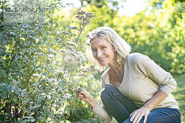 Porträt einer lächelnden reifen Frau  die eine Pflanze im Hinterhof hält