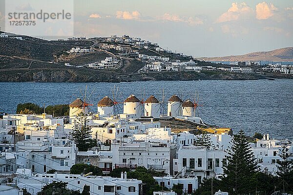 Abendstimmung  Weiße kykladische Häuser der Chora  Ortsansicht von Mykonos Stadt mit Windmühlen am Meer  Mykonos  Kykladen  Ägäis  Griechenland  Europa